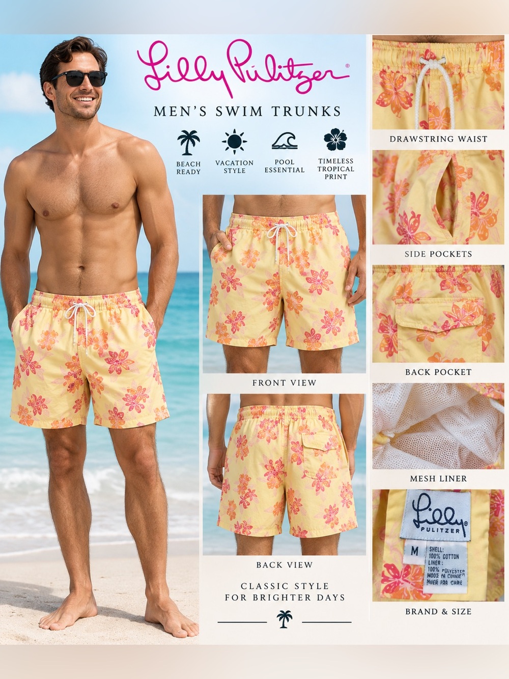 Lilly Pulitzer Men’s Swim Trunks Size M Yellow Pink Orange Floral Mesh Lined